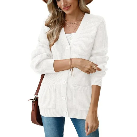 Cozy Women's Chunky Knit Cardigan - Long Sleeve V-Neck Sweater Coat with Pockets
